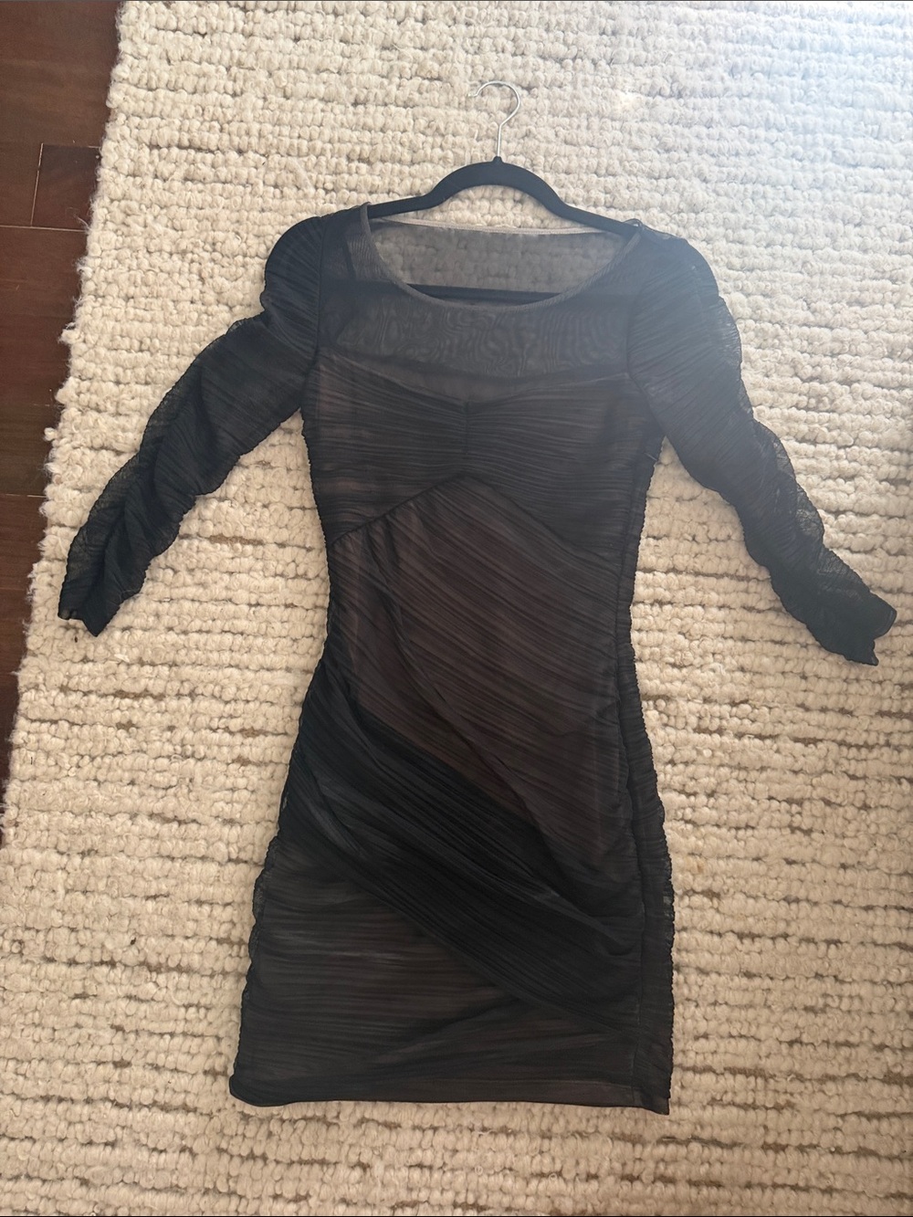 Dkny Black Sheer Ruched Long Sleeve Bodycon Dress